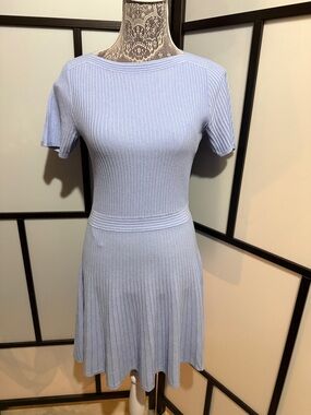 Ann Taylor Powder Blue Ribbed Short Sleeve Fit & Flare Dress